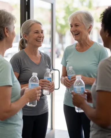 Four smiling senior women chatting while holding water bottles near the exit of a yoga studio with natural light coming through the glass door