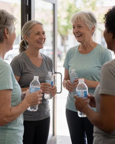 Four smiling senior women chatting while holding water bottles near the exit of a yoga studio with natural light coming through the glass door