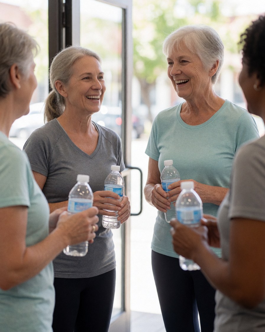 Four smiling senior women chatting while holding water bottles near the exit of a yoga studio with natural light coming through the glass door