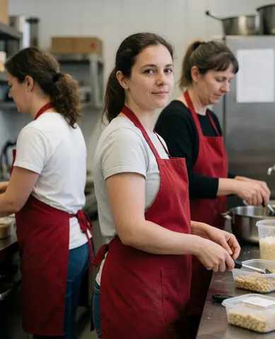 Three women wearing red aprons work in a modern office kitchen, with one looking at the camera while preparing food in plastic containers.