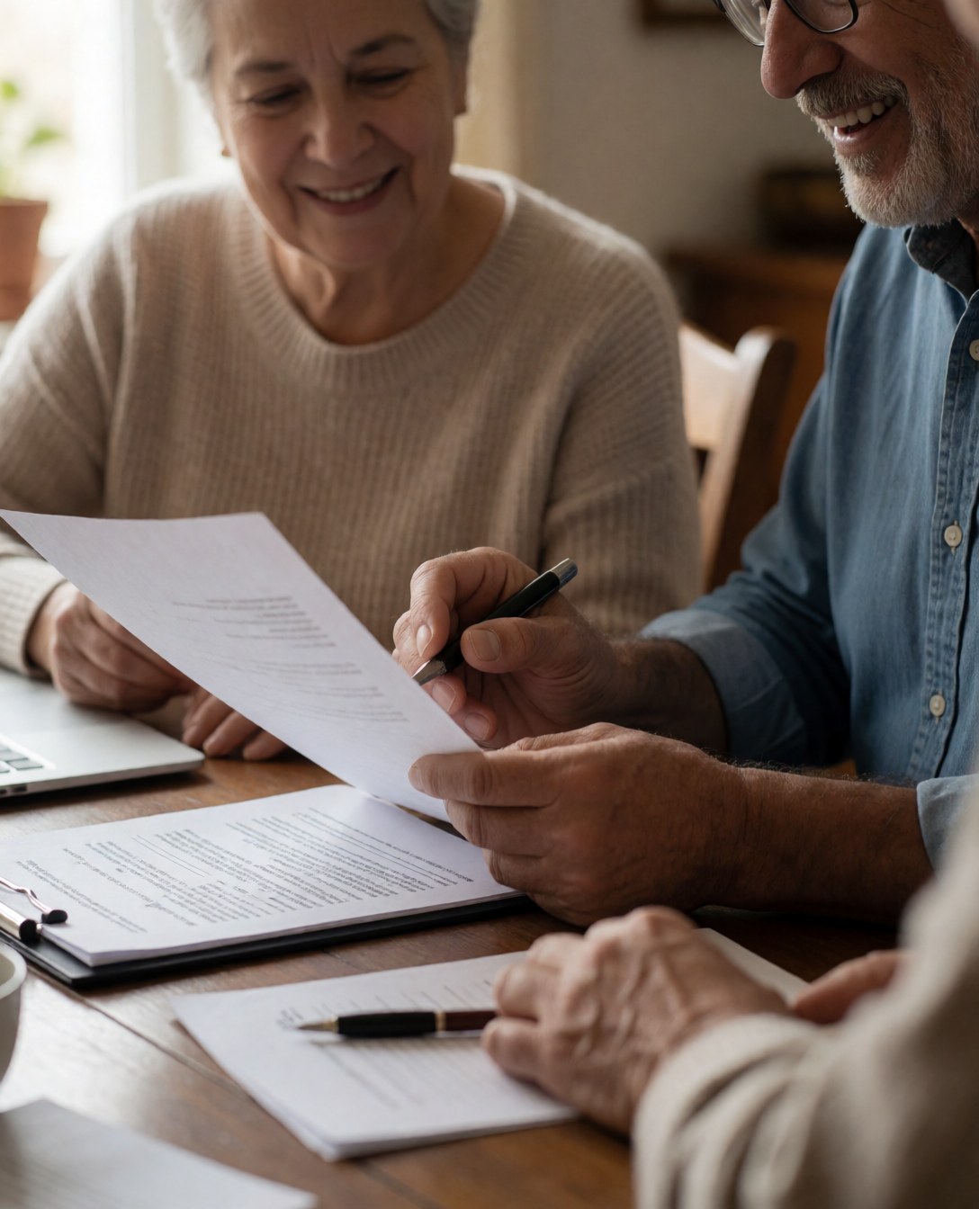 A smiling senior couple reviews and signs documents at a wooden table with a computer and pen, representing personal finance and accounting.