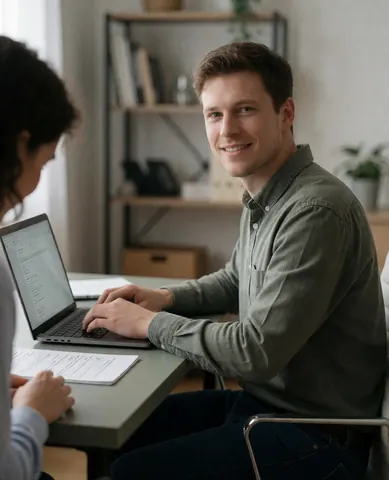 A young man sits at a modern home office desk working on a laptop with papers and plants nearby in a bright, organized workspace