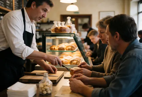 A barista cuts a slice of cake behind the counter while a customer watches in a warm wooden coffee shop interior