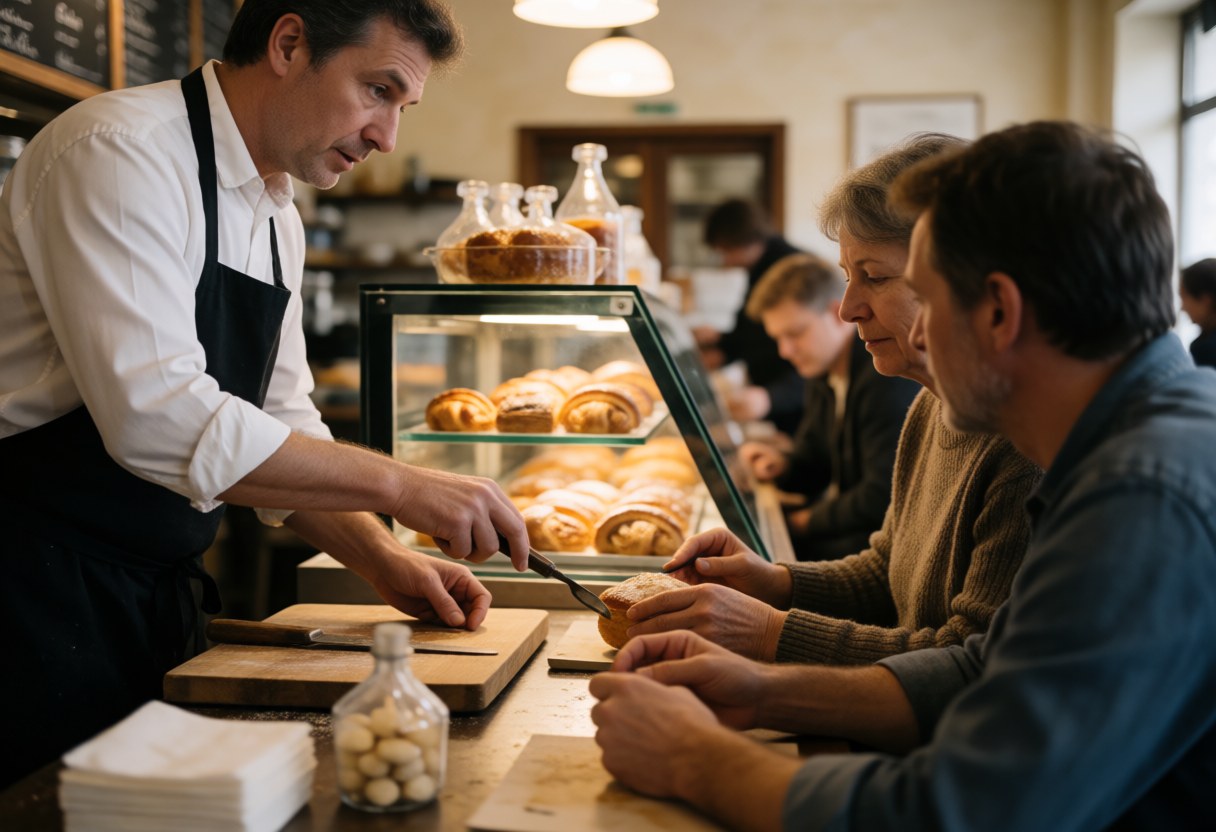 A barista cuts a slice of cake behind the counter while a customer watches in a warm wooden coffee shop interior