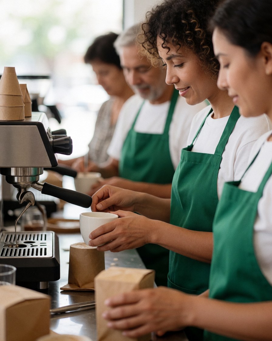 A barista in a green apron serves coffee using a machine in a professional and welcoming cafe setting.