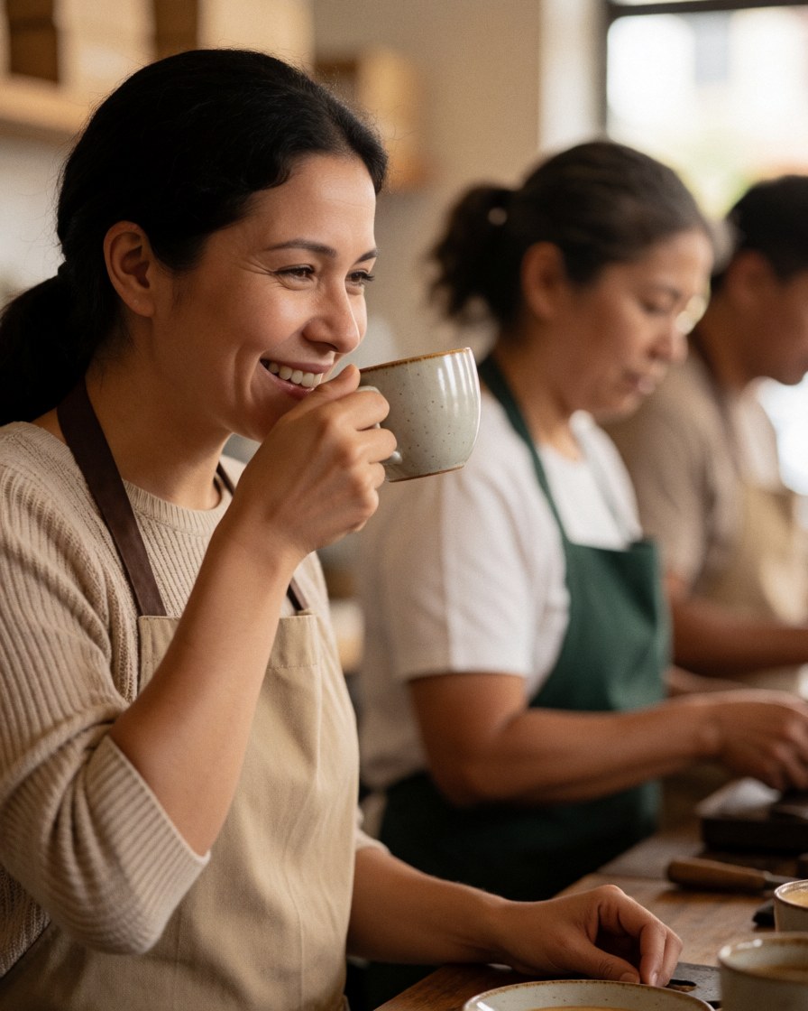 A smiling customer sips coffee in a warm cafe while others work in the background