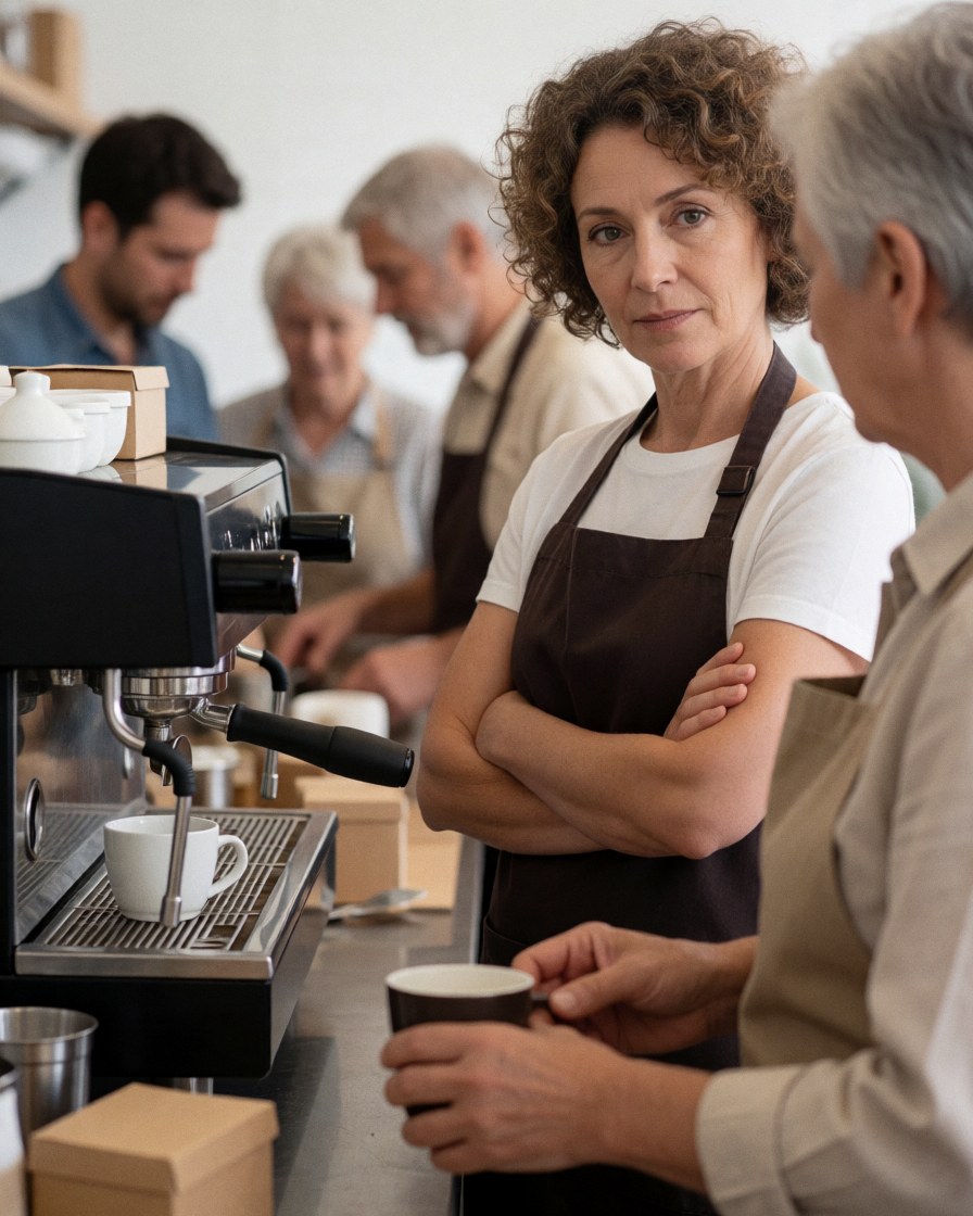 A professional barista wearing an apron stands behind a coffee machine with customers nearby in a warm and welcoming coffee shop environment.