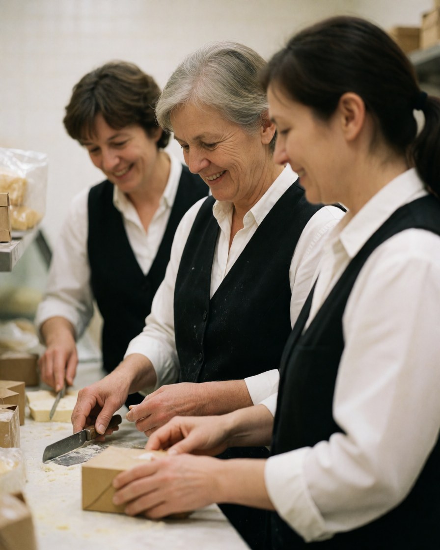 A group of bakery staff members wearing aprons and shirts working together at a table with bread and pastries in a professional kitchen setting