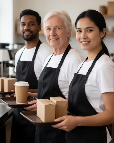 Three smiling coffee shop employees in uniforms holding trays, standing in a modern kitchen and looking at the camera to show teamwork and professionalism.