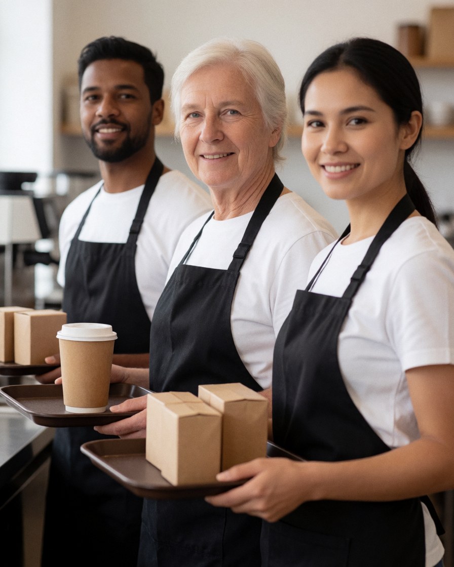 Three smiling coffee shop employees in uniforms holding trays, standing in a modern kitchen and looking at the camera to show teamwork and professionalism.