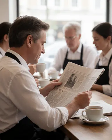 A man reads a newspaper at a wooden table in a bright, quiet coffee shop while enjoying a cup of coffee.