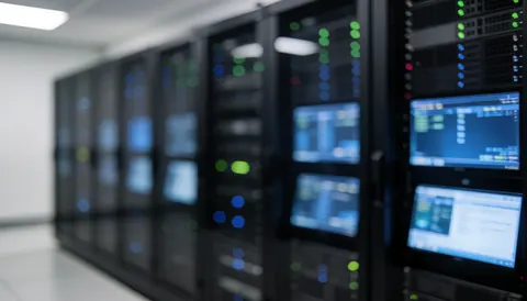 A professional technology background featuring rows of computer servers, network monitors, and blue and green indicator lights in a data center environment suitable for text overlay.