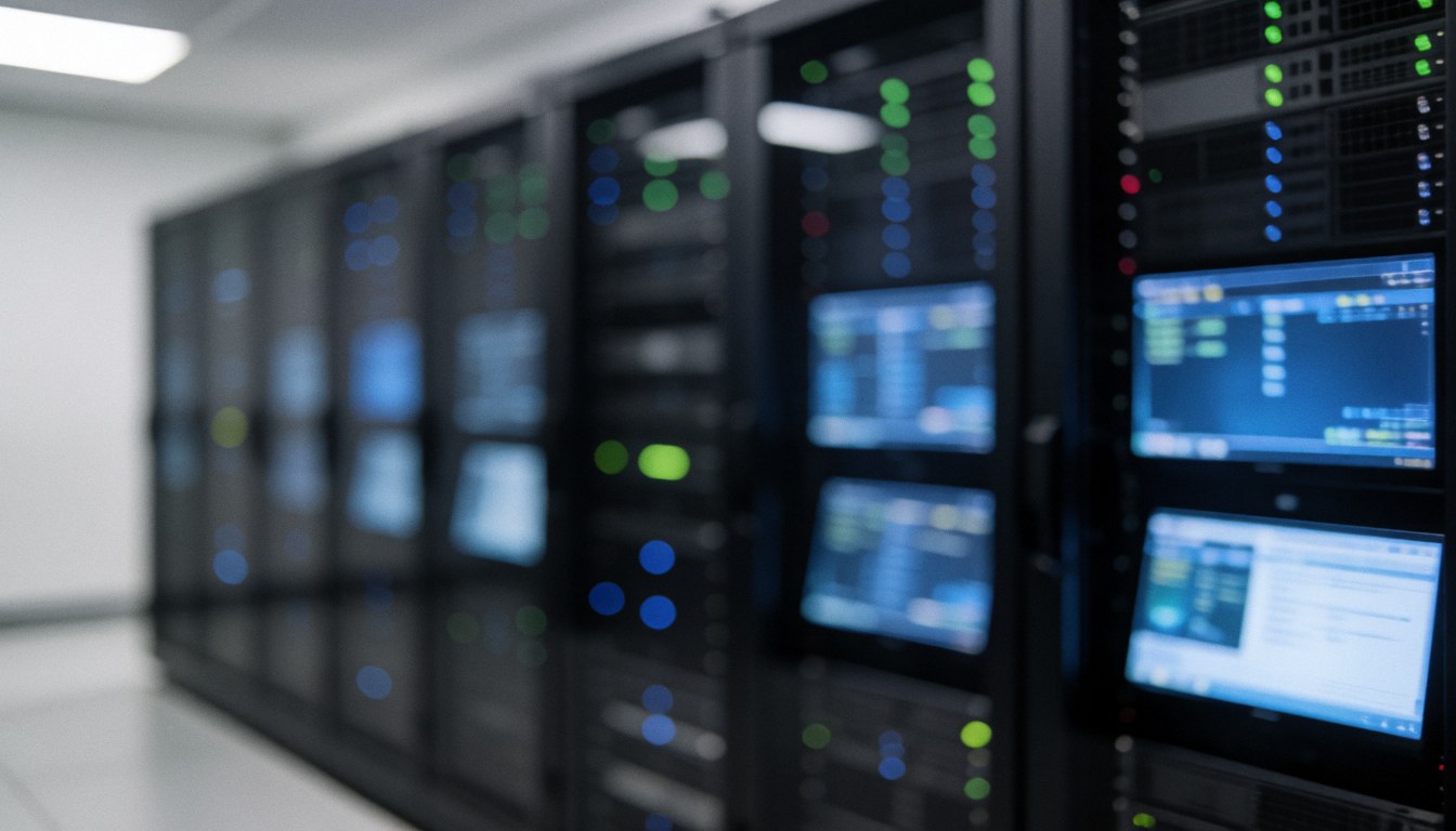 A professional technology background featuring rows of computer servers, network monitors, and blue and green indicator lights in a data center environment suitable for text overlay.