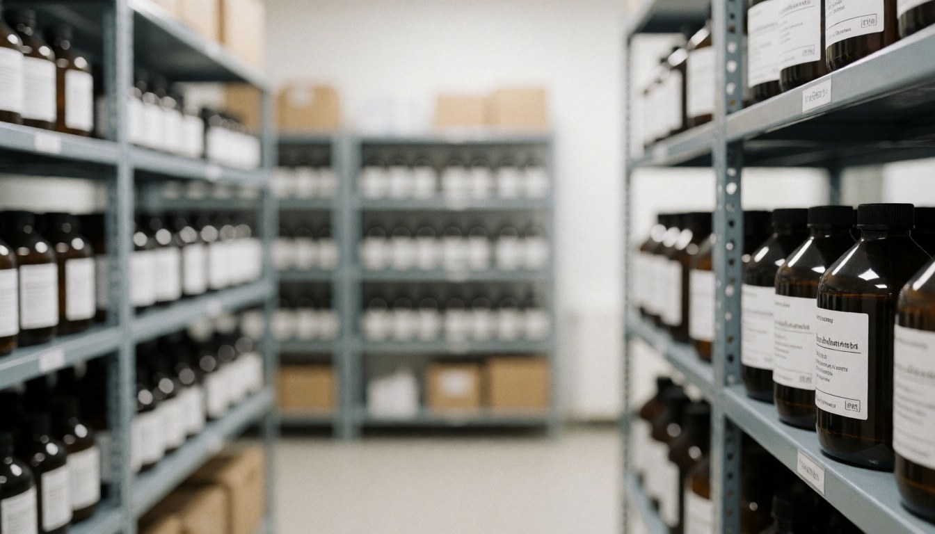 Metal shelving units stocked with labeled chemical bottles in a warehouse, suitable for agricultural safety and storage text backgrounds.
