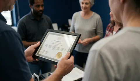 A person holds a framed certificate in an office with a group watching. The dark blue wall is visible. Hands and certificate are sharp.