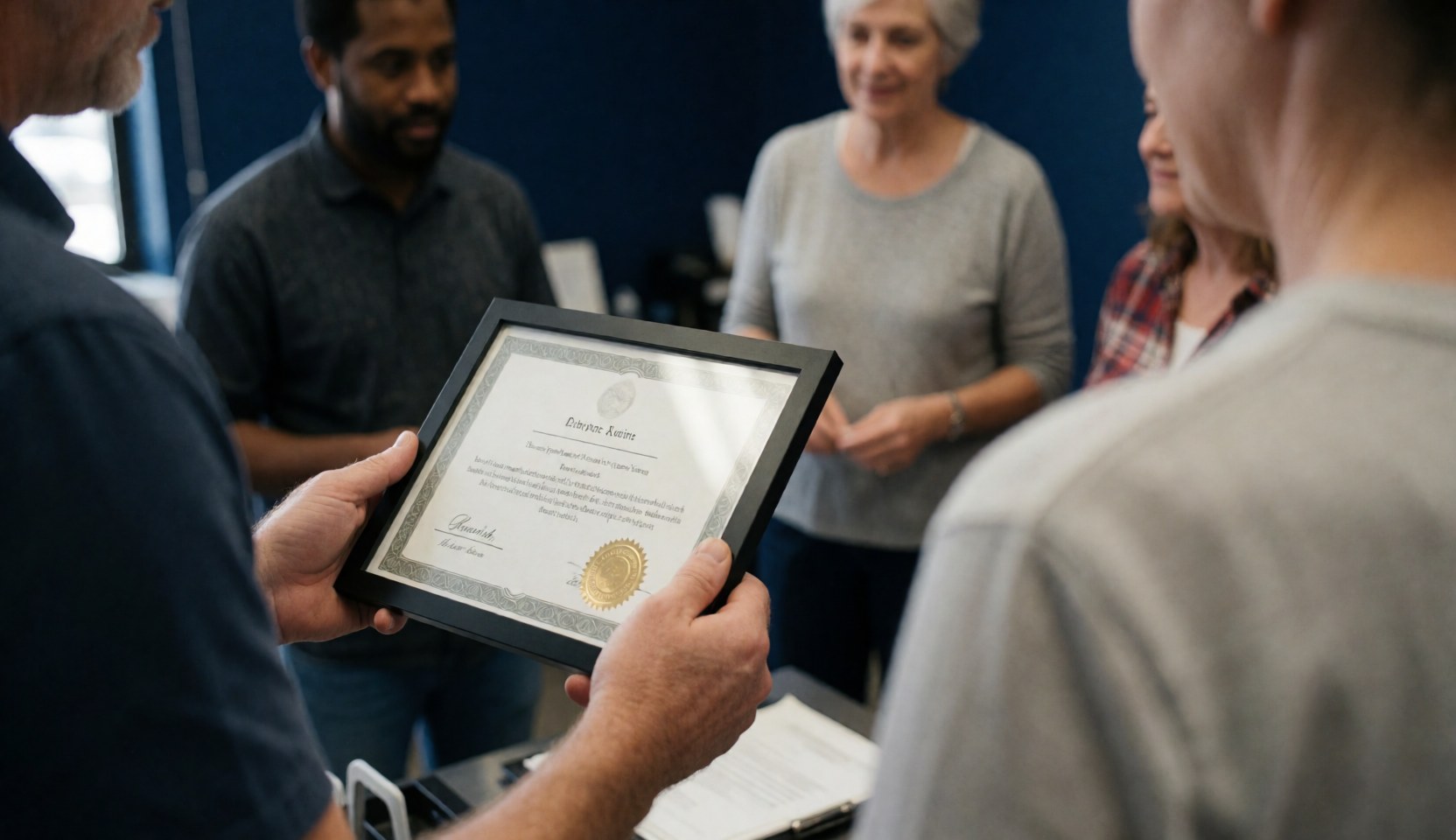A person holds a framed certificate in an office with a group watching. The dark blue wall is visible. Hands and certificate are sharp.