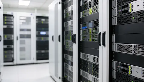 Blurred server room with equipment racks, blue and white lighting, and ample copy space for technology and security text.