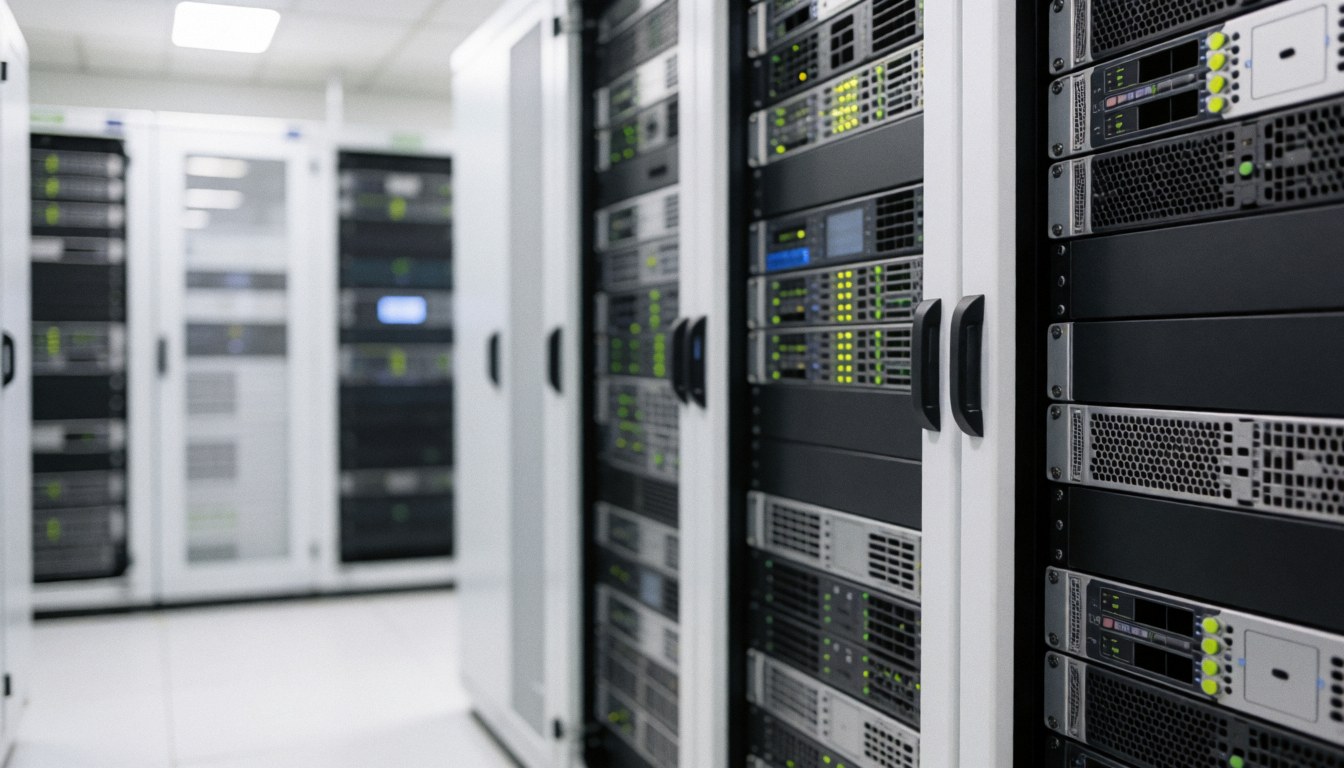 Blurred server room with equipment racks, blue and white lighting, and ample copy space for technology and security text.