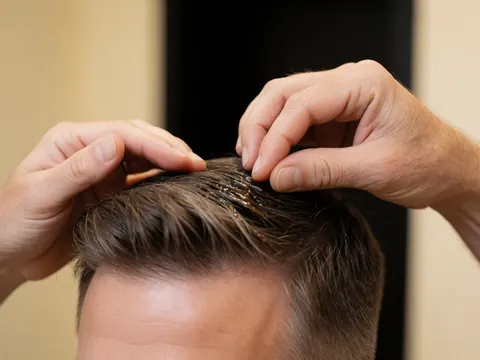 Close-up of hands applying styling pomade to short, shiny hair in a barbershop setting