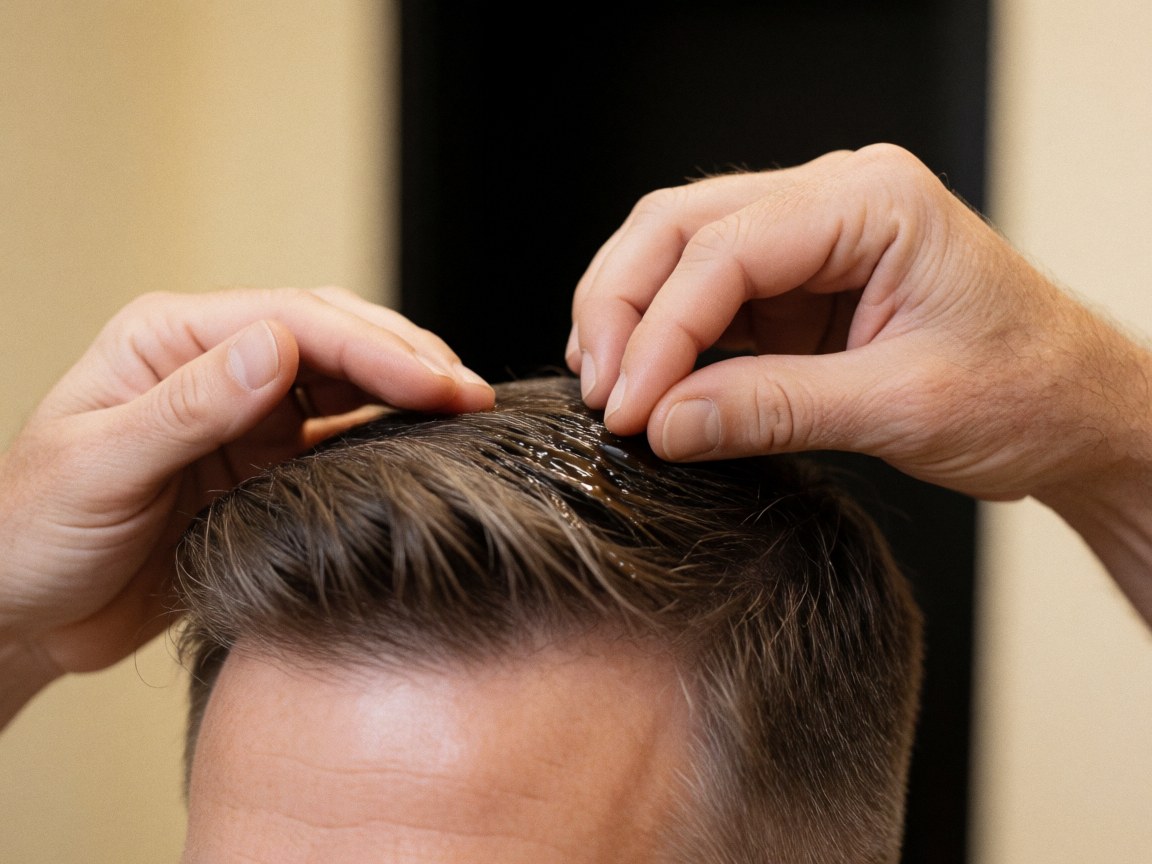 Close-up of hands applying styling pomade to short, shiny hair in a barbershop setting
