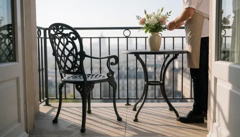 Hotel balcony featuring a wrought iron chair, table, and flower vase with flowers. Morning light and city view create a quiet atmosphere for breakfast or coffee.