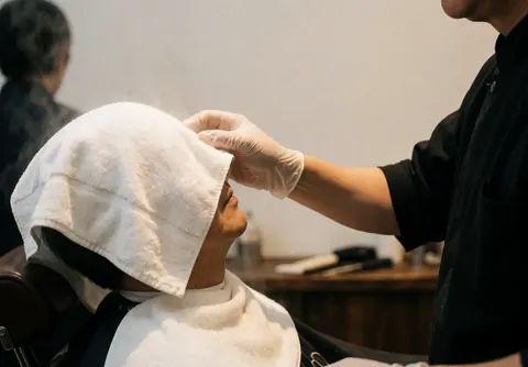 A barber applies a steaming hot towel to a client's face during a grooming service at a barbershop