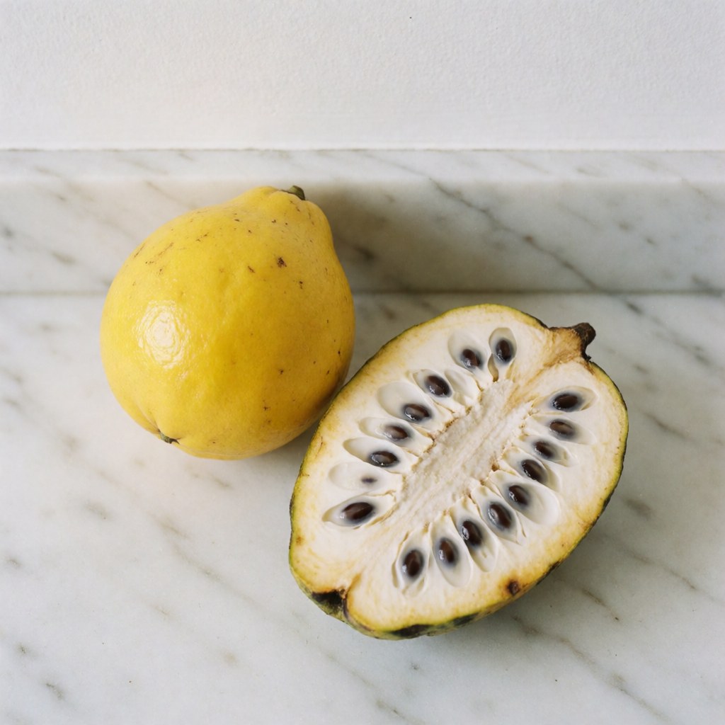 A whole lulo and a sliced soursop revealing white pulp and black seeds on a bright white marble counter with natural light.