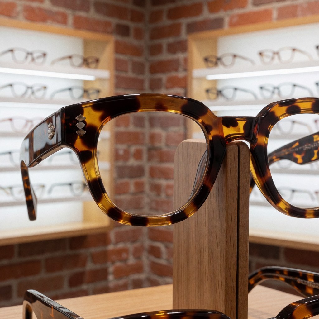 Close-up view of acetate eyeglass frames arranged on a retail display shelf in an optical store