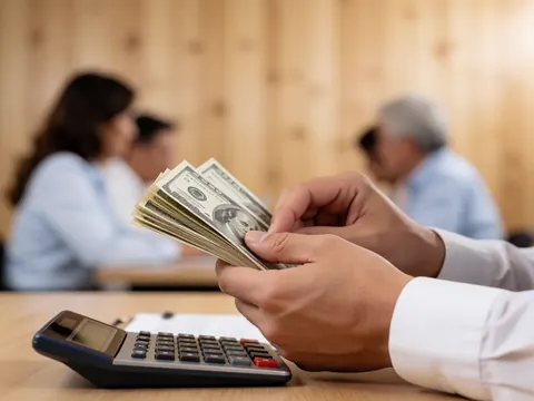 Hands counting dollar bills on a calculator in an office with wooden walls and warm lighting, focusing on money and financial tools.