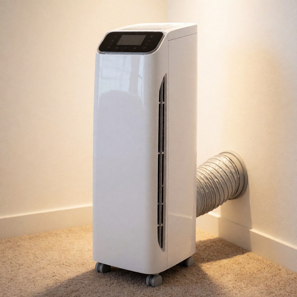 White portable air conditioning unit with flexible hose on carpet in a room with light walls for home or office use