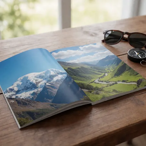 Open travel brochure displaying snowy mountains and green valleys on a wooden table next to a compass and sunglasses