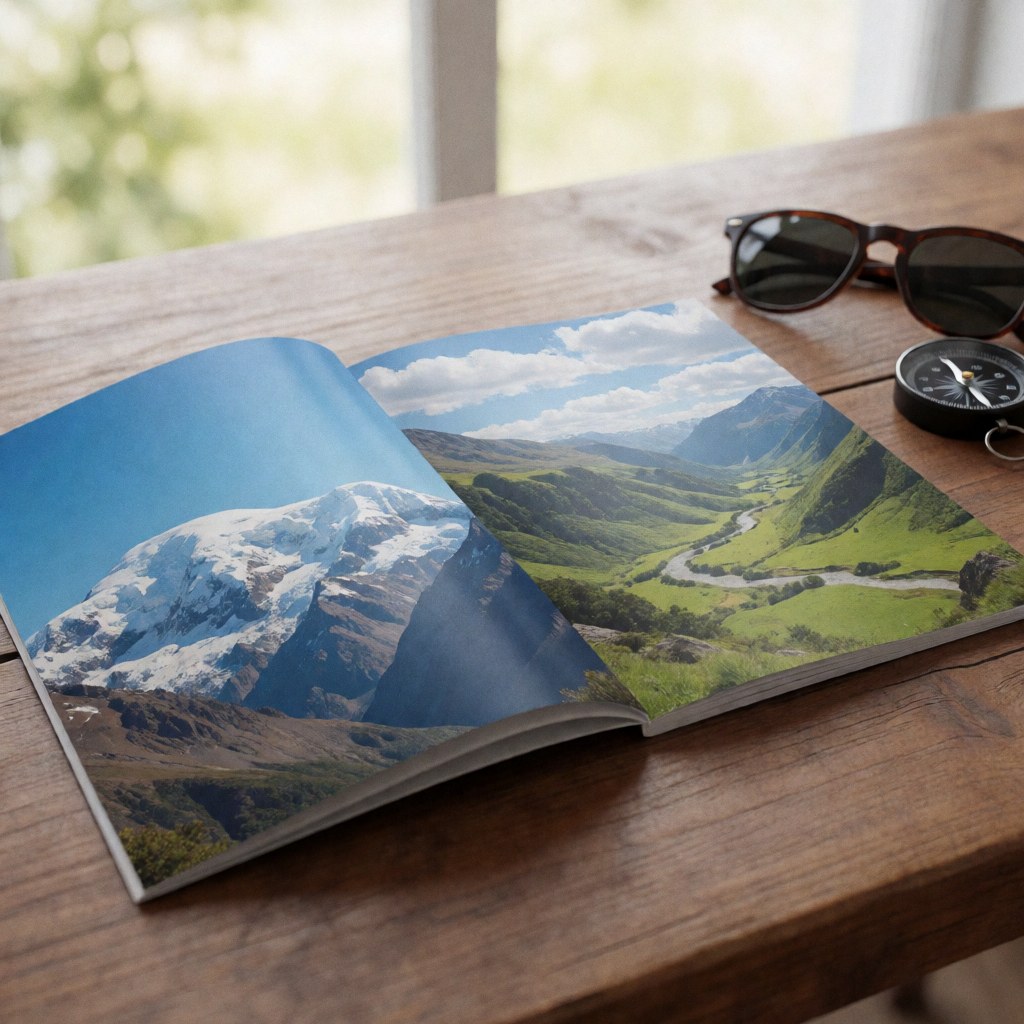 Open travel brochure displaying snowy mountains and green valleys on a wooden table next to a compass and sunglasses