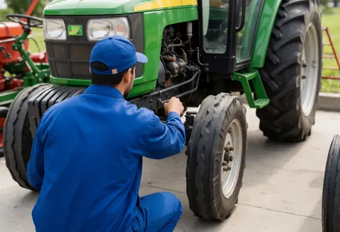 Technician in blue uniform checking tractor engine in agricultural workshop with concrete floor and farming equipment in background