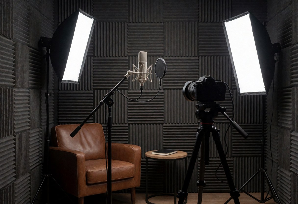 Professional recording studio featuring a microphone, camera on a tripod, leather chair, and lighting equipment.