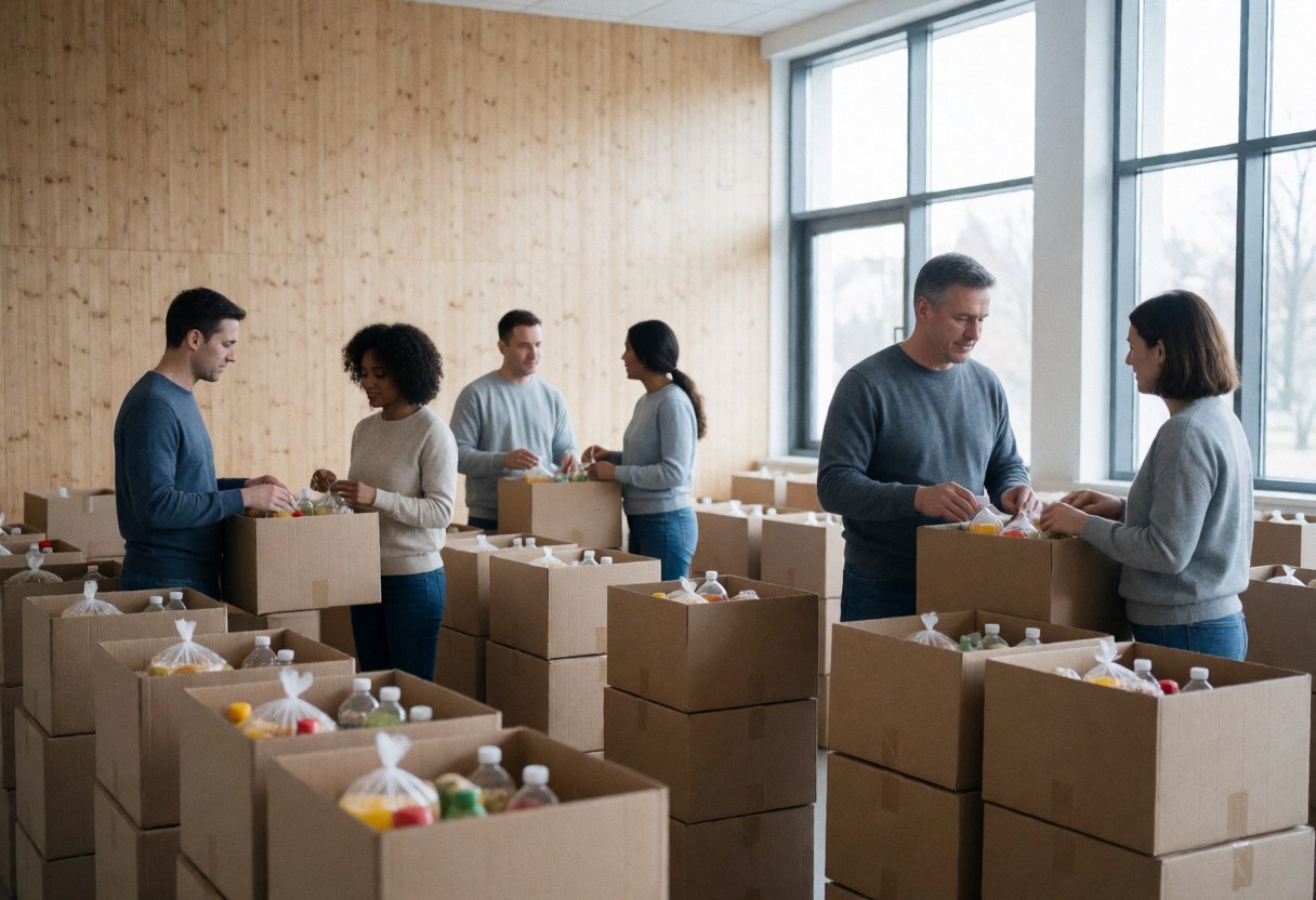 Volunteers organize food and beverage boxes in a wooden community hall with large windows and natural light.