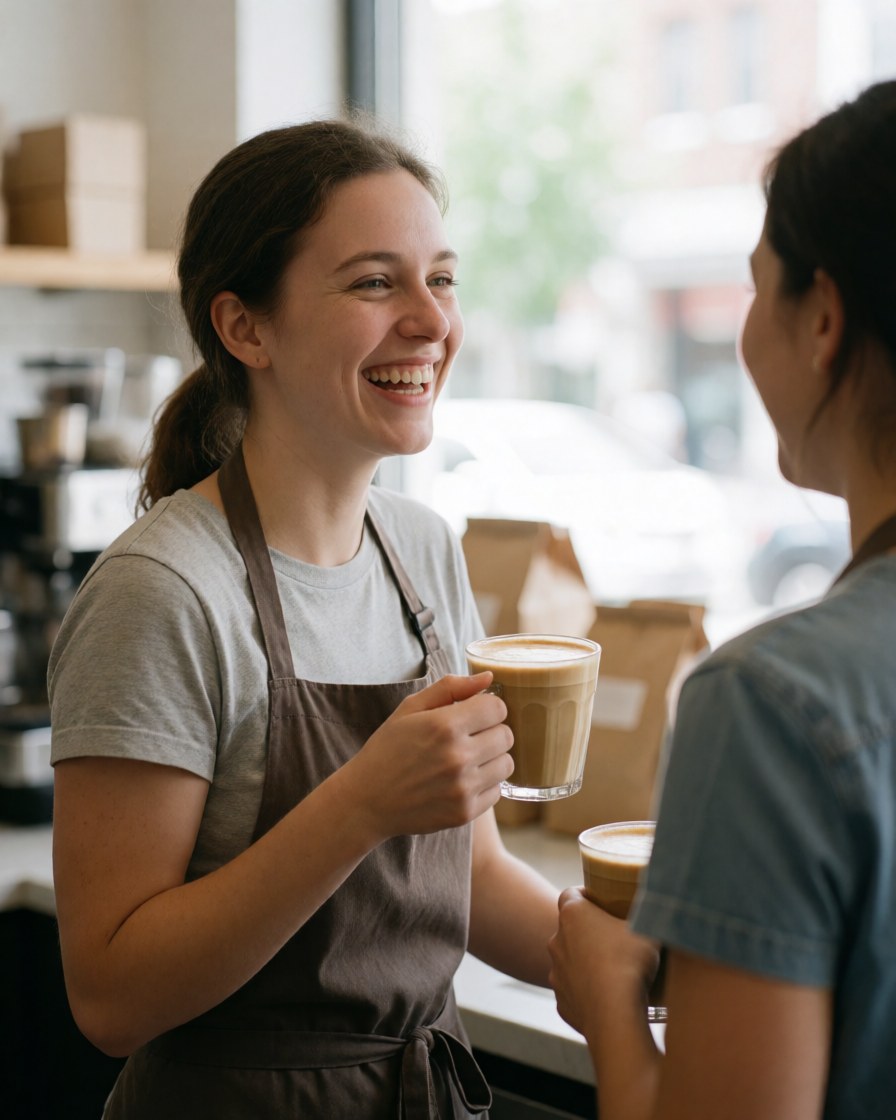 A smiling customer enjoying a latte at a cozy coffee shop with friends in Toronto