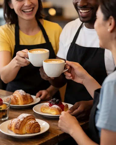 Three friends toast with coffee cups and smile while enjoying croissants at a warm cafe table