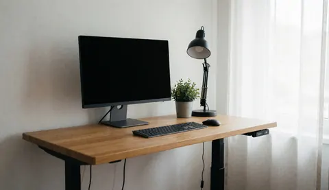 A wooden desk setup featuring a computer monitor, keyboard, desk lamp, and a small plant positioned near a window with curtains.