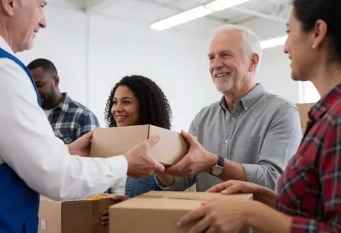 Volunteers handing out food boxes at a distribution center, smiling and working together in a supportive environment.