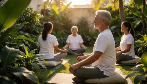 Diverse group practicing yoga and meditation on mats in a lush tropical garden during golden hour, promoting wellness and calm.