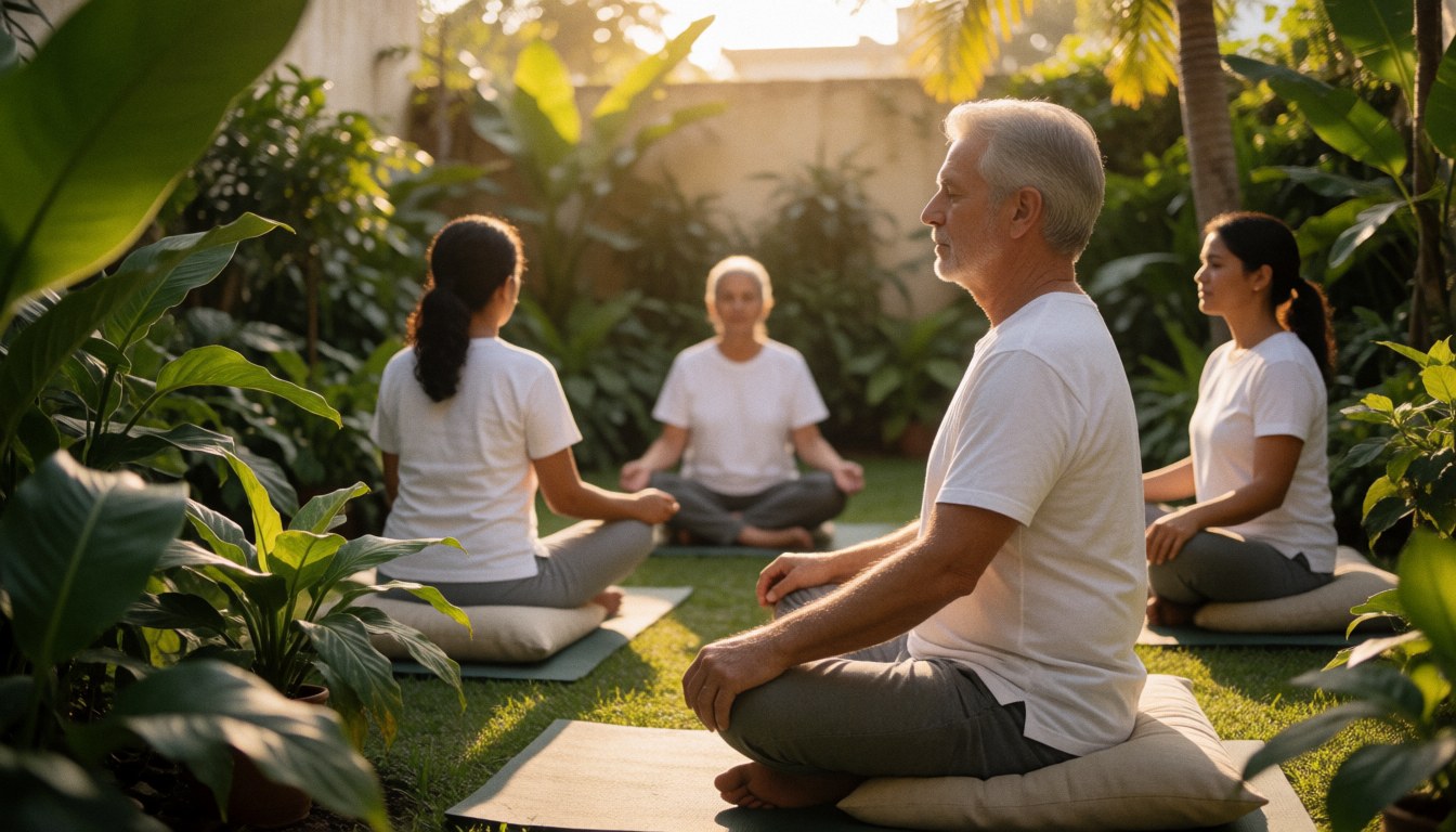 Diverse group practicing yoga and meditation on mats in a lush tropical garden during golden hour, promoting wellness and calm.