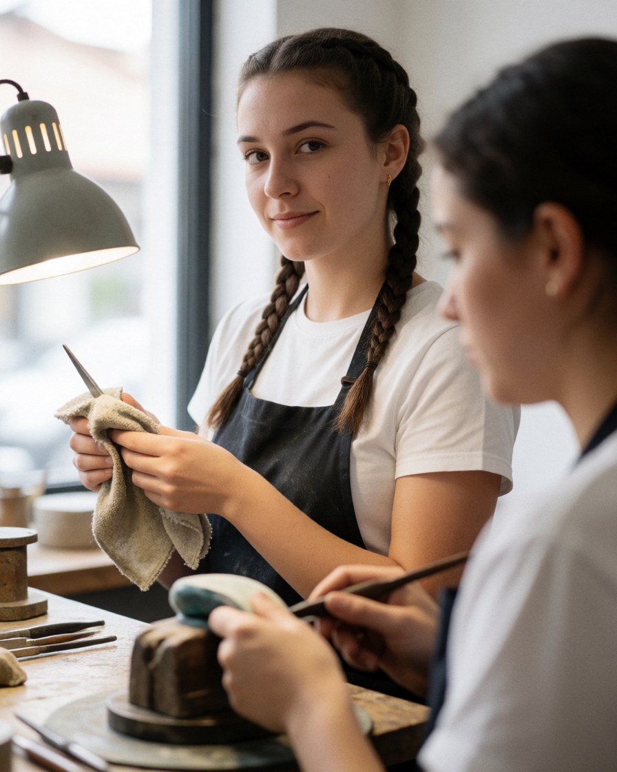 A young woman with braids polishes jewelry using tools and cloth in a bright, professional workshop with natural light from a window.