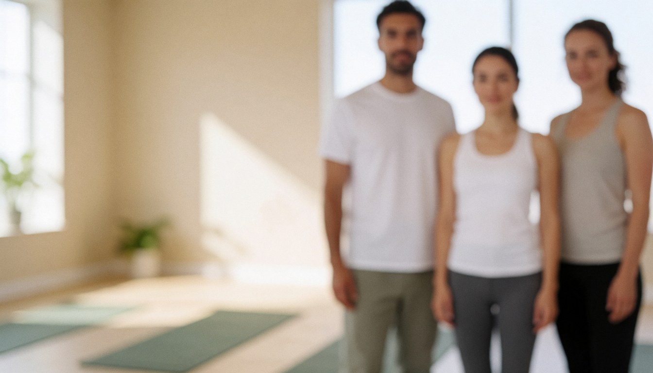 Soft focus background of a yoga studio featuring exercise mats, beige walls, windows, and plants, providing ample space for text or banners.