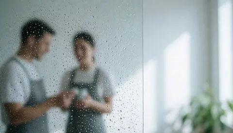 Close-up view of clear water droplets resting on a smooth glass pane, providing a clean and fresh background suitable for text overlay.