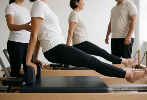 A person performing pilates exercises on a reformer machine while an instructor guides them in a bright studio with white walls and wooden floors.