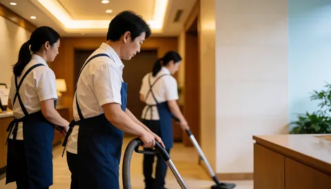 Three cleaning staff members working in a hotel corridor, one using a vacuum cleaner while others use cleaning tools, maintaining a professional and tidy environment.