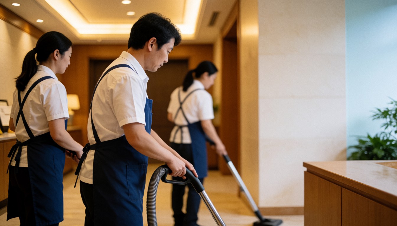 Three cleaning staff members working in a hotel corridor, one using a vacuum cleaner while others use cleaning tools, maintaining a professional and tidy environment.