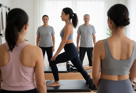 Pilates instructor guiding a group class on reformer machines in a bright yoga studio with natural light