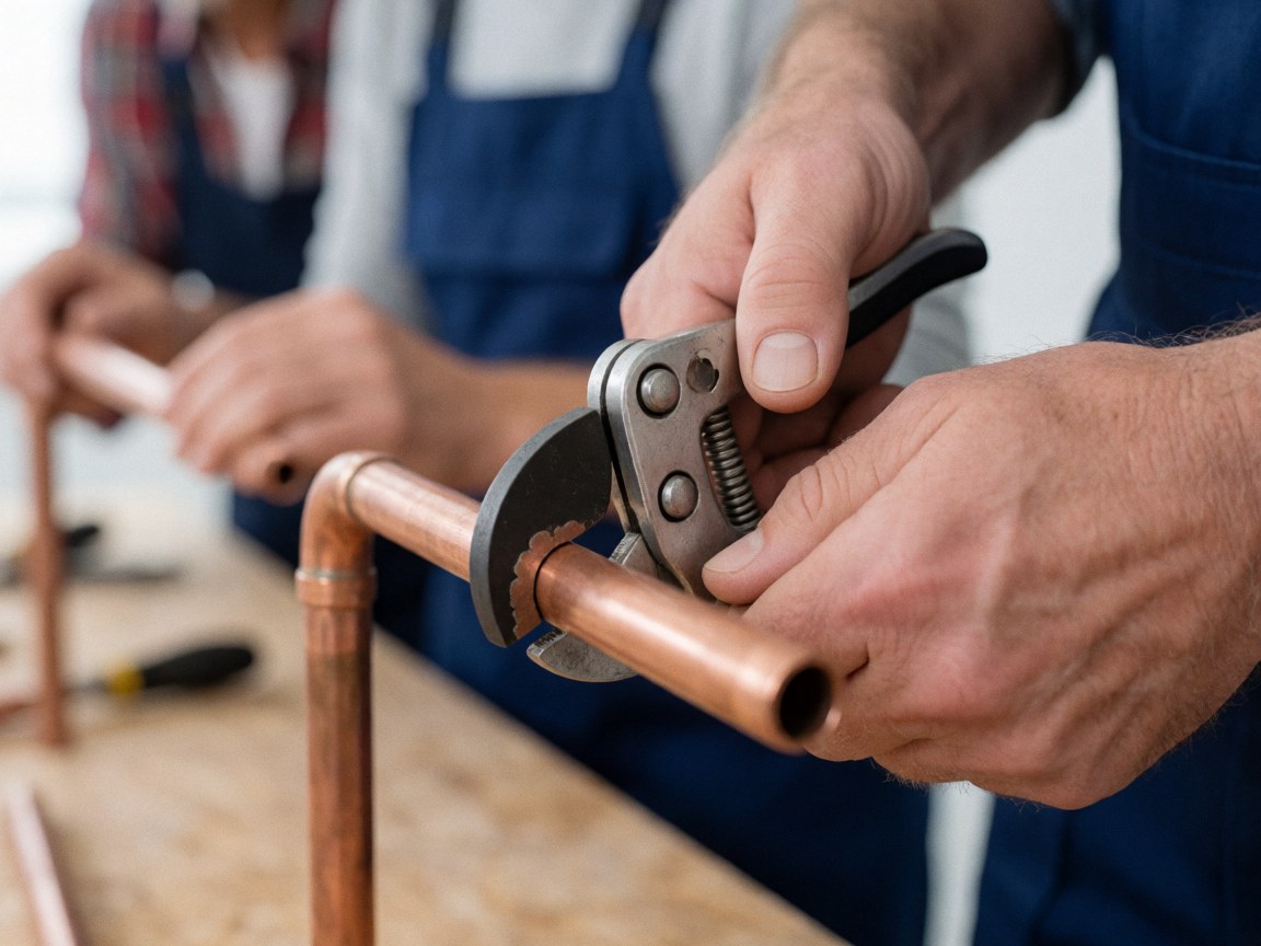 A plumber uses cutting shears to slice a copper pipe in a workshop filled with plumbing tools and materials.