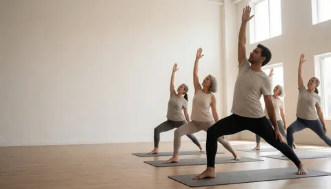 Diverse group of adults practicing yoga poses in a spacious studio with natural light, promoting calm and wellness for business use